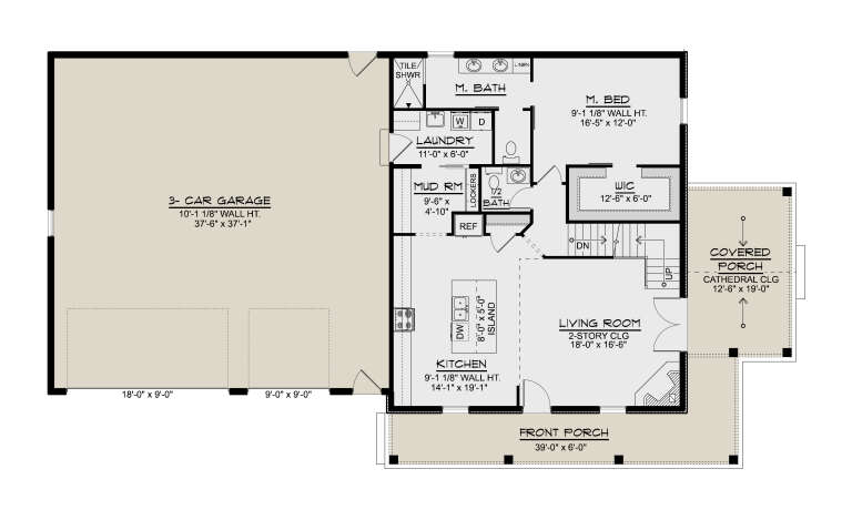Main Floor: 1BR, 1.5BA, Kitchen, Living, Mud, Ldry, 3-car garage, 2 porches. 2-story/cathedral ceilings, WIC, stairs. House Plan # 5032-00478 Main Floor  Floor Plan Drawing by America's Best House Plans, Inc.
