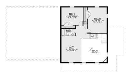 Second Floor: 2 BR, 1 BA, Loft, Open to below, stairs, closets. 9'-1 1/8" wall height. House Plan # 5032-00478 Second Floor Floor Plan Drawing by America's Best House Plans, Inc.