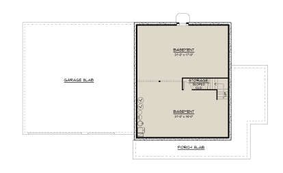 Basement: Open floor plan, storage room with sloped ceiling, stairs. Unheated: Garage slab, porch slab. House Plan # 5032-00478 Basement Floor Plan Drawing by America's Best House Plans, Inc.