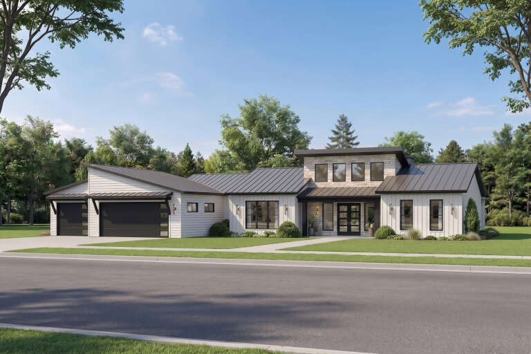 White Modern Transitional, Angled Front Elevation, stone accents, metal roof, board-and-batten siding, lush landscaping. House Plan # 5032-00479 Digital Rendering by America's Best House Plans, Inc.
