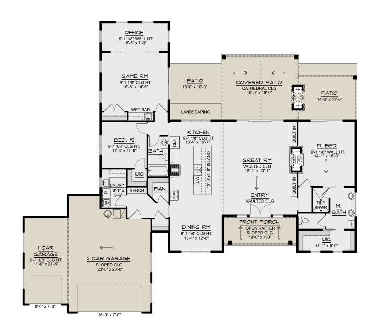 Main Floor: 2BR, 2BA, Office, Game Rm, Vaulted Great Rm, Kitchen, Dining, Ldry, 3-car garage, Covered Patio, Porch, 2 WIC. House Plan # 5032-00479 Main Floor  Floor Plan Drawing by America's Best House Plans, Inc.