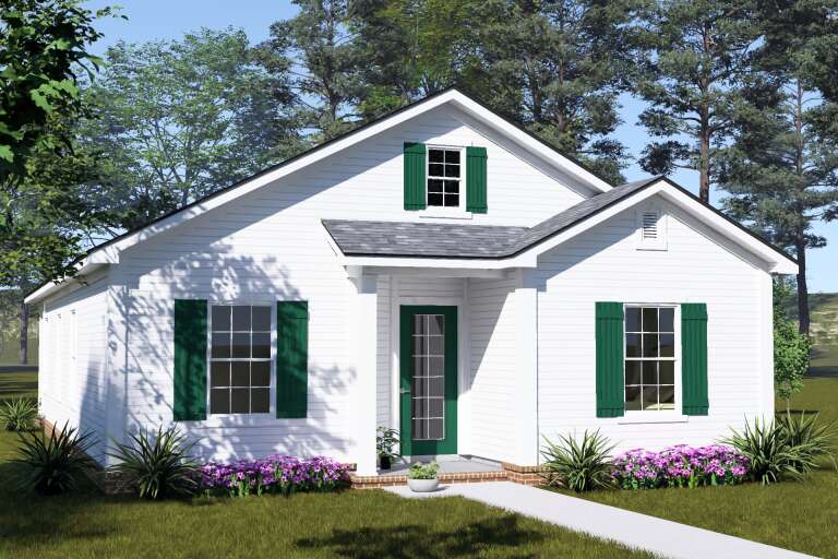 White Cottage, Angled Front Elevation with green shutters, horizontal siding, brick base, and vibrant flower landscaping. House Plan # 4848-00622 Digital Rendering by America's Best House Plans, Inc.