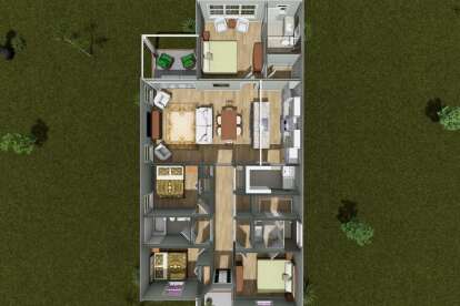 Overhead Main Floor: 4BR, 2BA, open Kitchen/Dining/Living, Ldry, 4 WIC, covered porch. Unheated: porch area. House Plan # 4848-00622 Overhead Main Floor Floor Plan Drawing by America's Best House Plans, Inc.