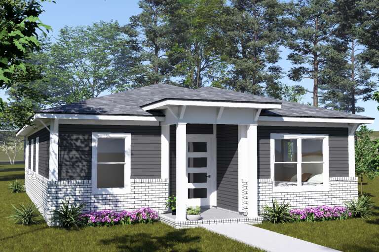 Grey Contemporary, Angled Front Elevation, horizontal siding, white brick base, covered porch, modern door, landscaping. House Plan # 4848-00623 Digital Rendering by America's Best House Plans, Inc.