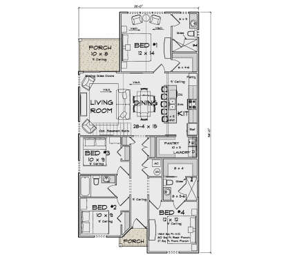 Main Floor: 4BR, 2BA, Vaulted Living/Dining/Kitchen, Pantry, Ldry, 2 Porches, opt. basement stairs. 9' ceilings. House Plan # 4848-00623 Main Floor Floor Plan Drawing by America's Best House Plans, Inc.