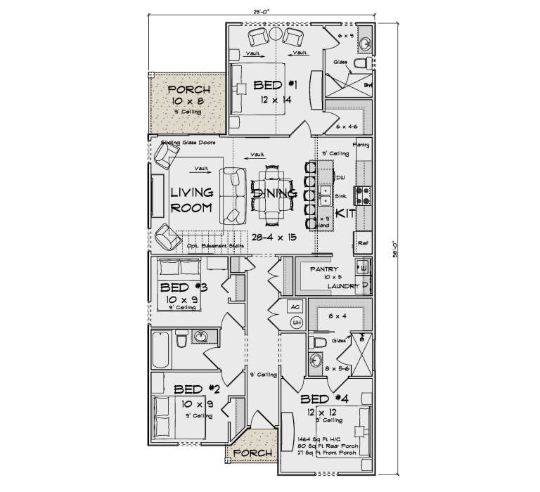 Main Floor: 4BR, 2BA, Vaulted Living/Dining/Kitchen, Pantry, Ldry, 2 Porches, opt. basement stairs. 9' ceilings. House Plan # 4848-00623 Main Floor Floor Plan Drawing by America's Best House Plans, Inc.
