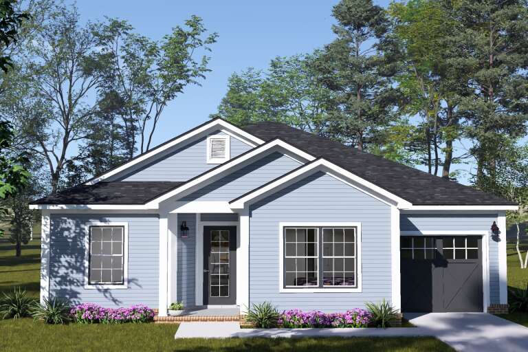 Blue Traditional Front Elevation, lap siding, dark garage door, brick porch, lantern lighting, and purple landscaping. House Plan # 4848-00624 Digital Rendering by America's Best House Plans, Inc.
