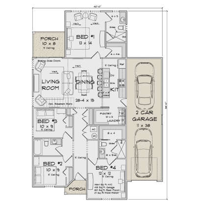 Main Floor: 4BR, 2BA, Vaulted Living/Dining/Kitchen, Pantry, Ldry, 2-car garage, 2 porches, opt. stairs. 9' ceilings. House Plan # 4848-00624 Main Floor Floor Plan Drawing by America's Best House Plans, Inc.