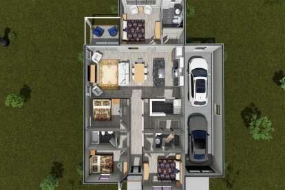Overhead Main Floor: 4BR, 2BA, open Kitchen/Dining/Living, Ldry, 2-car garage, covered patio. WICs in primary & 2nd BR. House Plan # 4848-00624 Overhead Main Floor Floor Plan Drawing by America's Best House Plans, Inc.