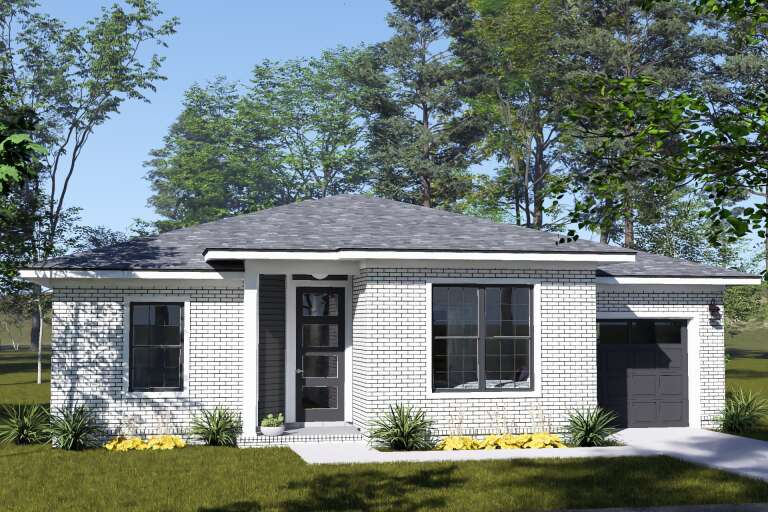 White Contemporary, Angled Front Elevation, white brick siding, dark grey accents, grid windows, and lush landscaping. House Plan # 4848-00625 Digital Rendering by America's Best House Plans, Inc.