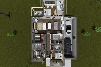 Overhead Main Floor: 4BR, 3BA, Kitchen, Dining, Family, Ldry, 2-car garage, covered patio, WICs. Unheated: garage, patio. House Plan # 4848-00625 Overhead Main Floor Floor Plan Drawing by America's Best House Plans, Inc.