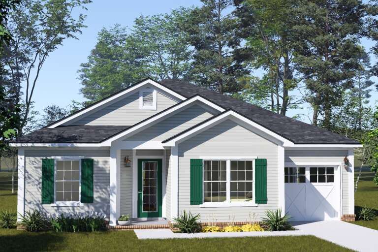 Grey Country, Angled Front Elevation with lap siding, green shutters, brick base, white trim, and a carriage-style door. House Plan # 4848-00626 Digital Rendering by America's Best House Plans, Inc.