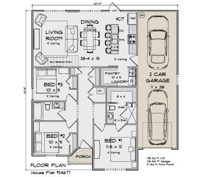 Main Floor: 3BR, 2BA, Living, Dining, Kitchen, Pantry, Ldry, 2-car garage, Porch, opt. basement stairs. 9' ceilings throughout. House Plan # 4848-00626 Main Floor Floor Plan Drawing by America's Best House Plans, Inc.