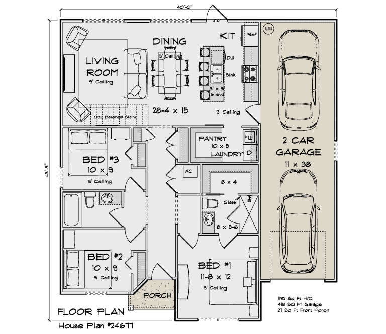 Main Floor: 3BR, 2BA, Living, Dining, Kitchen, Pantry, Ldry, 2-car garage, Porch, opt. basement stairs. 9' ceilings throughout. House Plan # 4848-00626 Main Floor Floor Plan Drawing by America's Best House Plans, Inc.