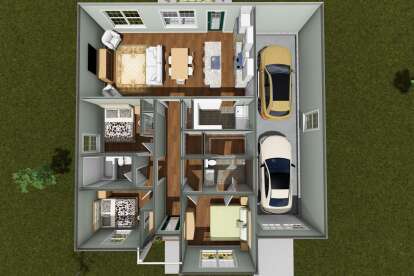 Overhead Main Floor: 3BR, 2BA, open Kitchen/Dining/Living, Ldry, 2-car garage, WIC, foyer, porch. Unheated: garage/porch. House Plan # 4848-00626 Overhead Main Floor Floor Plan Drawing by America's Best House Plans, Inc.