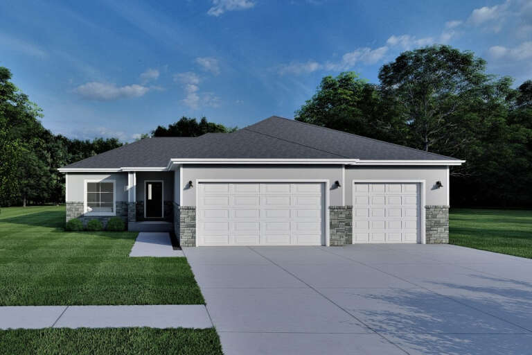 Grey Contemporary, Angled Front Elevation, stone veneer base, white garage doors, wall sconces, concrete driveway, lawn. House Plan # 7140-00009 Digital Rendering by America's Best House Plans, Inc.