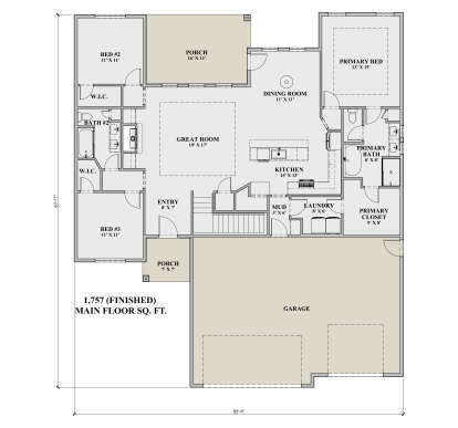 Main Floor: 3BR, 2BA, Great Room, Kitchen, Dining, Mud, Ldry, 2-car garage, 2 porches, 3 WICs. Unheated: garage, porches. House Plan # 7140-00009 Main Floor  Floor Plan Drawing by America's Best House Plans, Inc.