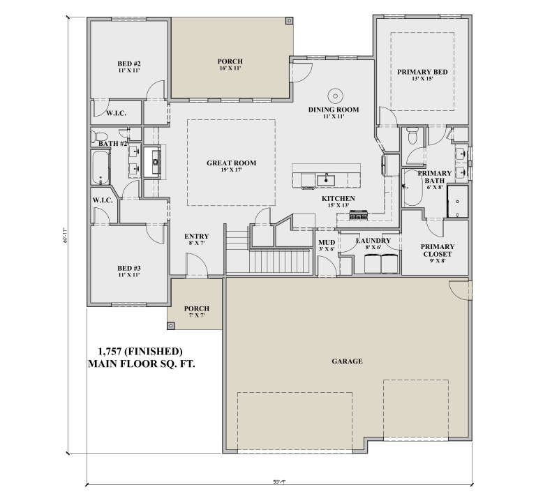 Main Floor: 3BR, 2BA, Great Room, Kitchen, Dining, Mud, Ldry, 2-car garage, 2 porches, 3 WICs. Unheated: garage, porches. House Plan # 7140-00009 Main Floor  Floor Plan Drawing by America's Best House Plans, Inc.