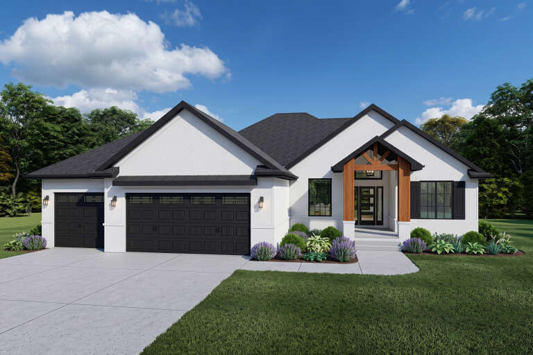 White Craftsman, Angled Front Elevation, stucco siding, black garage doors, wood porch beams, and manicured landscaping. House Plan # 7140-00010 Digital Rendering by America's Best House Plans, Inc.