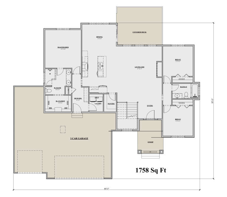 Main Floor: 3BR, 2BA, Living, Dining, Kitchen, Pantry, Mud, Ldry, 3-car garage, Covered Deck, Stoop, WIC, Stairs. House Plan # 7140-00010 Main Floor  Floor Plan Drawing by America's Best House Plans, Inc.
