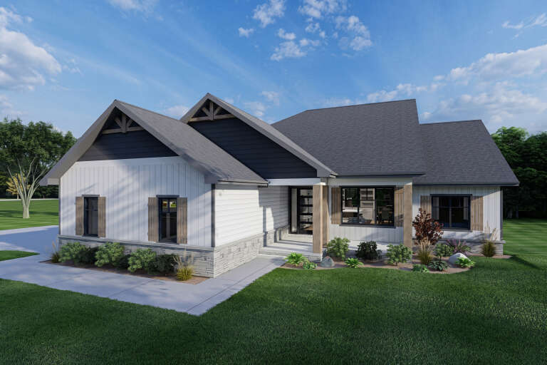 White Craftsman, Angled Front Elevation, board-and-batten siding, stone base, wood accents, shutters, and landscaping. House Plan # 7140-00011 Digital Rendering by America's Best House Plans, Inc.