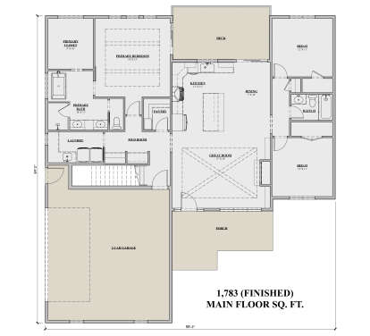 Main Floor: 3BR, 2BA, Great Rm, Kitchen, Dining, Pantry, Ldry, Mud Rm, 2-car garage, Deck, Porch, WIC, Stairs. Tray ceiling. House Plan # 7140-00011 Main Floor  Floor Plan Drawing by America's Best House Plans, Inc.