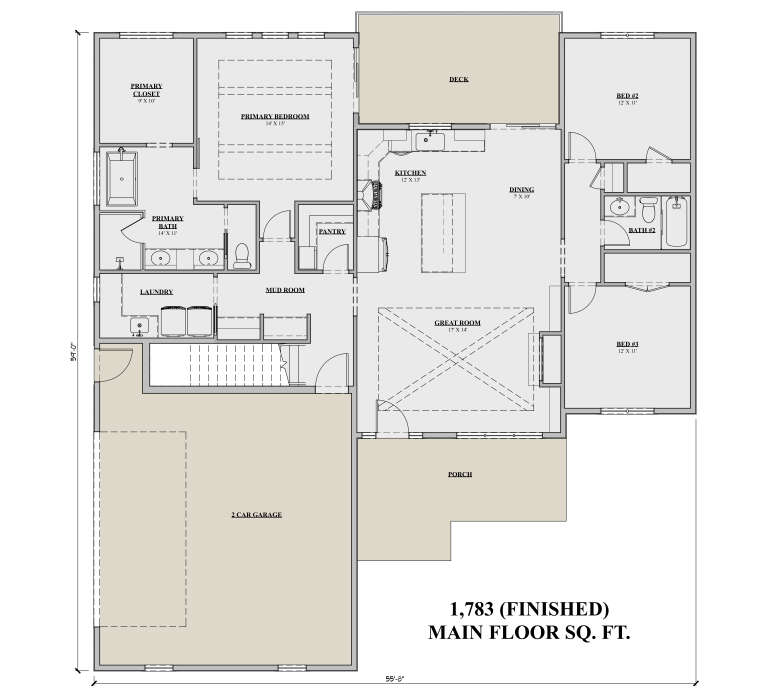 Main Floor: 3BR, 2BA, Great Rm, Kitchen, Dining, Pantry, Ldry, Mud Rm, 2-car garage, Deck, Porch, WIC, Stairs. Tray ceiling. House Plan # 7140-00011 Main Floor  Floor Plan Drawing by America's Best House Plans, Inc.