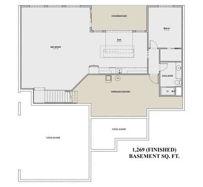 Basement: 1 BR, 1 BA, Rec Room, Bar, Storage/Utilities, Stairs, Covered Patio. Unheated: Unexcavated areas. House Plan # 7140-00011 Basement Floor Plan Drawing by America's Best House Plans, Inc.