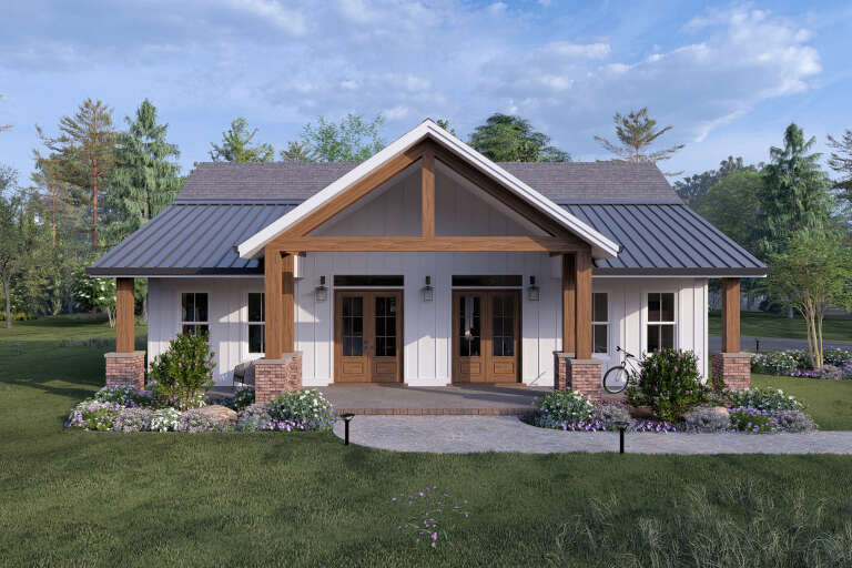 White Modern Farmhouse, Front Elevation with board-and-batten siding, timber porch, brick bases, and stone walkway. House Plan # 7174-00046 Digital Rendering by America's Best House Plans, Inc.