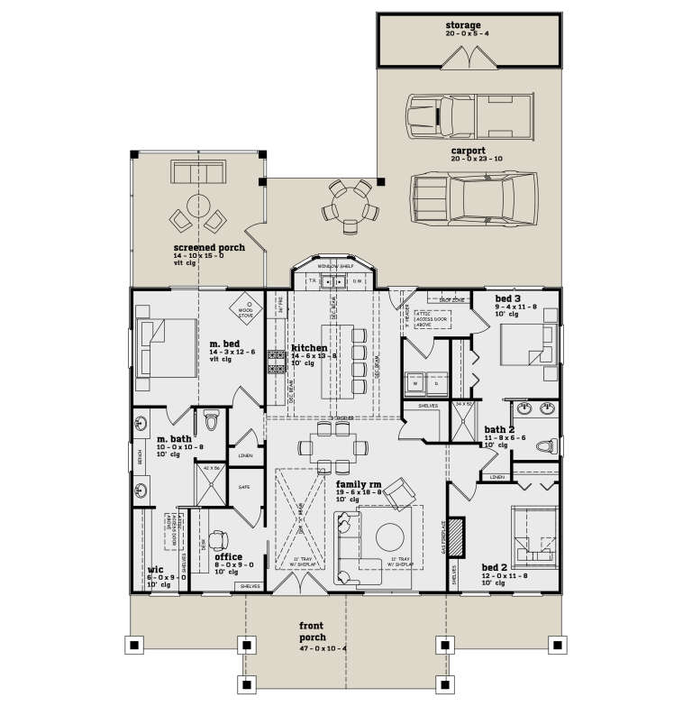 Main Floor: 3BR, 2BA, Kitchen, Family, Office, WIC, Ldry. Carport, Storage, Front/Screened Porch. Tray/Vaulted ceilings. House Plan # 7174-00046 Main Floor  Floor Plan Drawing by America's Best House Plans, Inc.