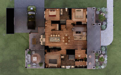 Overhead Main Floor: 3BR, 2BA, open kitchen/dining/living, pantry, WIC, Ldry, 1-car garage, 2 patios, 1 covered porch. House Plan # 7174-00046 Overhead Main Floor Floor Plan Drawing by America's Best House Plans, Inc.