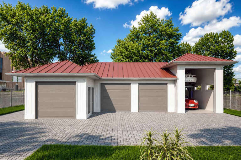 White Traditional Front Elevation, red metal roof, three grey garage doors, open car lift bay, paver driveway, lush trees. House Plan # 5984-00073 Digital Rendering by America's Best House Plans, Inc.