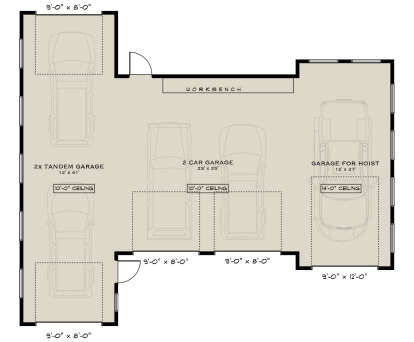Garage Floor: 5-car garage, 2-car tandem bay, 2-car bay, 1-car hoist bay, workbench, 10' and 14' ceiling heights. House Plan # 5984-00073 Garage Floor Floor Plan Drawing by America's Best House Plans, Inc.
