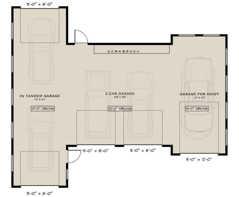 Garage Floor: 5-car garage, 2-car tandem bay, 2-car bay, 1-car hoist bay, workbench, 10' and 14' ceiling heights. House Plan # 5984-00073 Garage Floor Floor Plan Drawing by America's Best House Plans, Inc.
