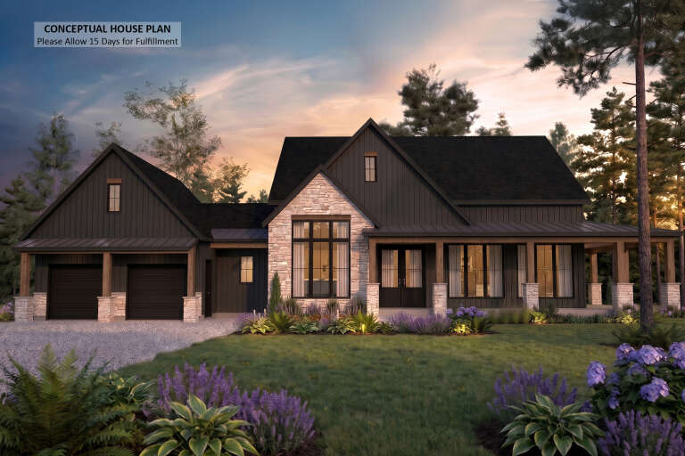 Black Modern Farmhouse, Front Elevation at dusk, board-and-batten siding, stone accents, lit porch, and lush landscaping. House Plan # 034-01438 Digital Rendering by America's Best House Plans, Inc.