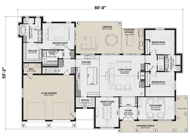 Main Floor: 3BR, 2.5BA, Office, Kitchen, Dining, Living, Ldry, Pantry, 2-car garage, Terrace, Outdoor Kitchen, Porch. Fireplace. House Plan # 034-01438 Main Floor  Floor Plan Drawing by America's Best House Plans, Inc.