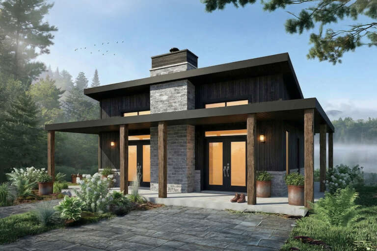 Black Contemporary, Angled Front Elevation, wood siding, stone chimney, timber posts, concrete porch, and warm lighting. House Plan # 034-01439 Digital Rendering by America's Best House Plans, Inc.