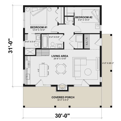 Main Floor: 2BR, 1BA, open Living/Kitchen/Dining, fireplace, built-ins, closets. Large covered porch, unheated area. House Plan # 034-01439 Main Floor  Floor Plan Drawing by America's Best House Plans, Inc.