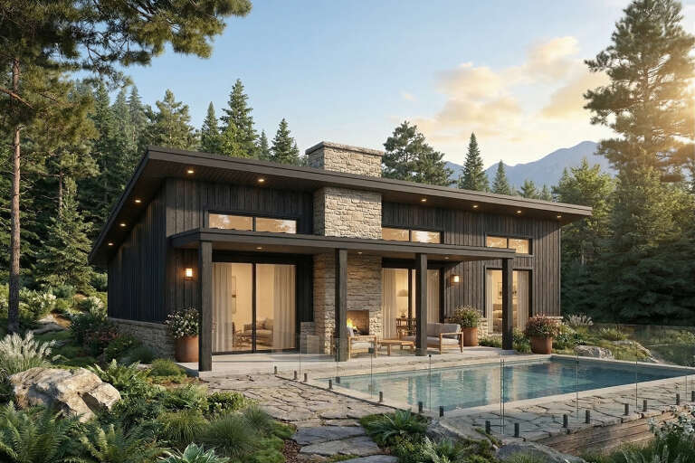 Black Contemporary, Angled Rear Elevation, vertical siding, stone chimney, pool, flagstone patio, and recessed lighting. House Plan # 034-01440 Digital Rendering by America's Best House Plans, Inc.