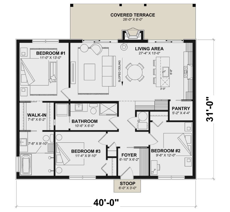 Main Floor: 3BR, 1BA, Living, Kitchen, Pantry, Foyer, WIC, Covered Terrace, Stoop. Sloped ceiling in living area. House Plan # 034-01440 Main Floor  Floor Plan Drawing by America's Best House Plans, Inc.