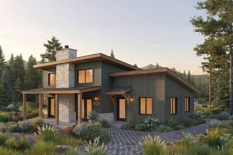 Dark Green Contemporary, Angled Front Elevation, stone chimney, vertical siding, wood porch, lit windows, lush landscape. House Plan # 034-01441 Digital Rendering by America's Best House Plans, Inc.