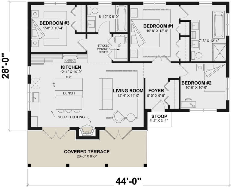 Main Floor: 3BR, 2BA, Kitchen, Living, Foyer, Ldry, Stoop, Covered Terrace. Sloped ceiling in Kitchen/Living. House Plan # 034-01441 Main Floor  Floor Plan Drawing by America's Best House Plans, Inc.