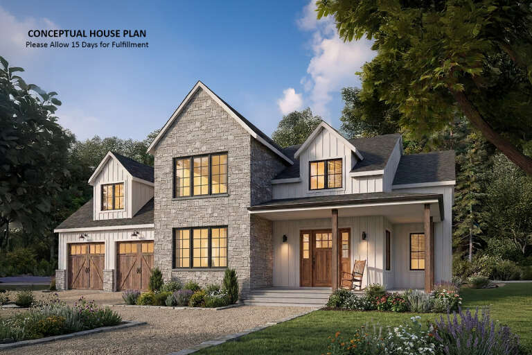 Grey Modern Transitional, Angled Front Elevation, stone facade, white board-and-batten, wood doors, lit porch, landscaping. House Plan # 034-01442 Digital Rendering by America's Best House Plans, Inc.