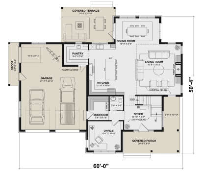 Main Floor: Office, Kitchen, Pantry, Dining, Living with Fireplace/Cathedral Ceiling, Foyer, Mudroom, 2-car Garage, Terrace. House Plan # 034-01442 Main Floor  Floor Plan Drawing by America's Best House Plans, Inc.