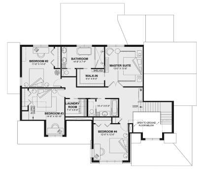 Second Floor: 3BR, 2BA, Master Suite with WIC, Ldry, stairs, open to below. Sloped ceilings in BR #3. House Plan # 034-01442 Second Floor Floor Plan Drawing by America's Best House Plans, Inc.