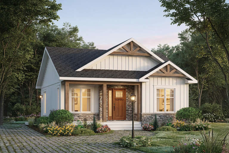 White Modern Farmhouse, Angled Front Elevation, board-and-batten siding, stone base, wood accents, lamp post, landscaping. House Plan # 034-01443 Digital Rendering by America's Best House Plans, Inc.