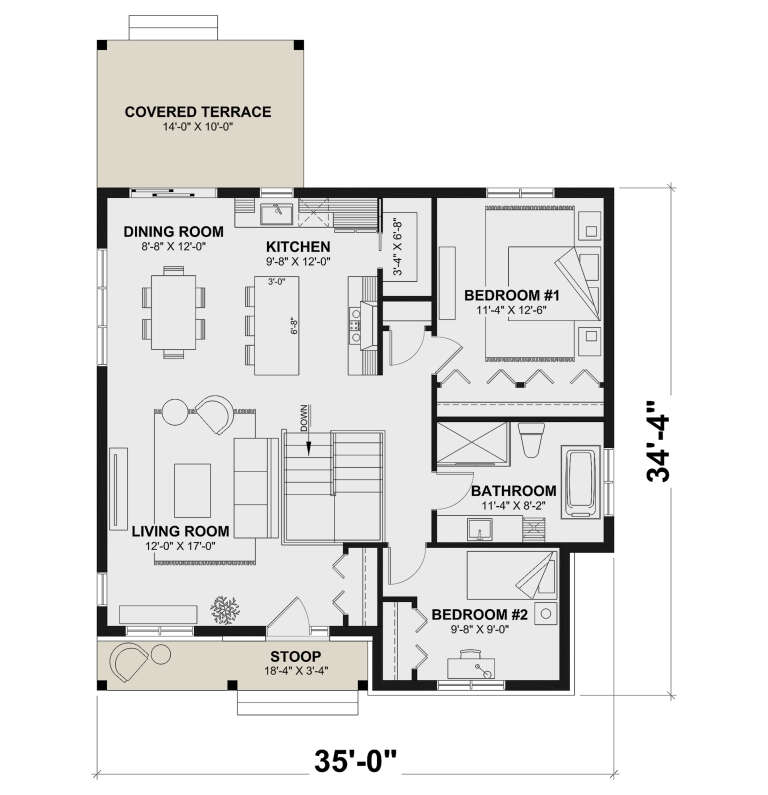 Main Floor: 2BR, 1BA, Living, Dining, Kitchen, pantry, stairs, covered terrace, stoop. Unheated: terrace and stoop areas. House Plan # 034-01443 Main Floor  Floor Plan Drawing by America's Best House Plans, Inc.