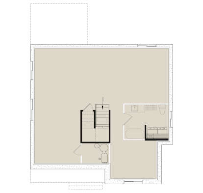 Basement: Open floor plan, 1 BA, mechanical room, stairs. Unfinished space. House Plan # 034-01443 Basement Floor Plan Drawing by America's Best House Plans, Inc.