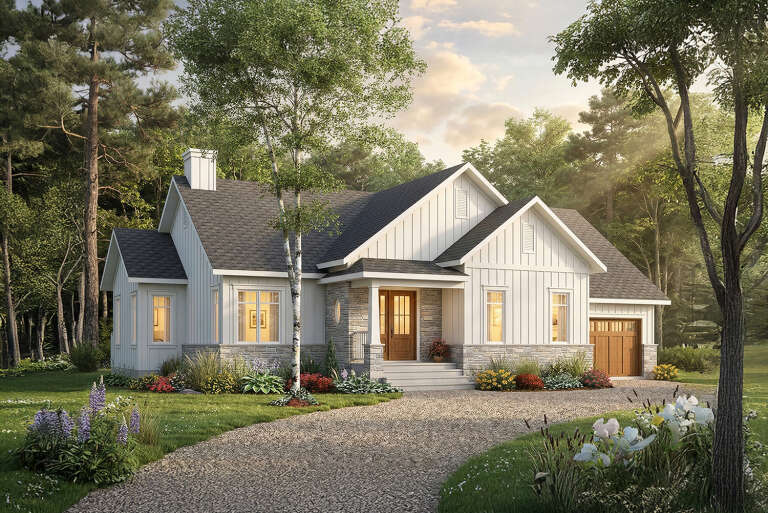 White Modern Farmhouse, Angled Front Elevation, board-and-batten siding, stone base, wood door, gravel drive, lush garden. House Plan # 034-01444 Digital Rendering by America's Best House Plans, Inc.