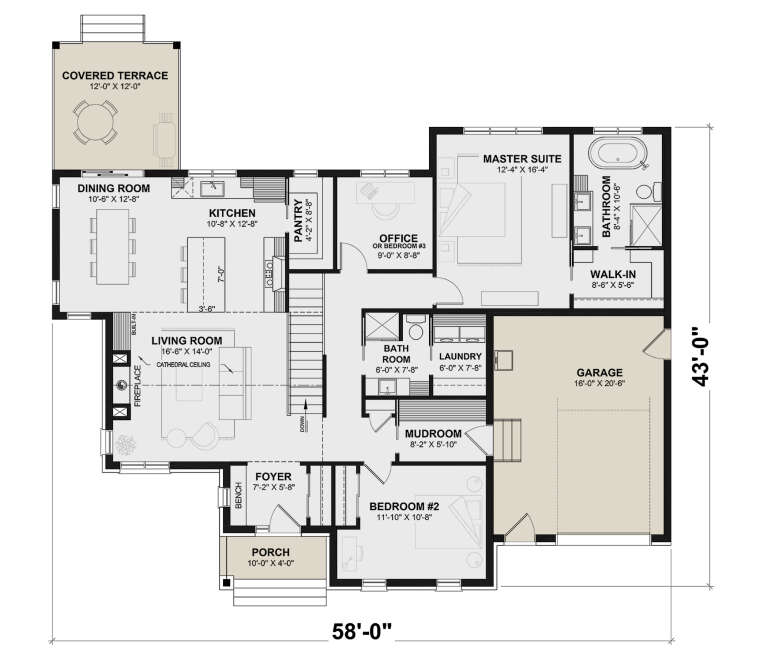 Main Floor: 3BR, 2BA, Kitchen, Dining, Living w/ Cathedral Ceiling & Fireplace, Office, Ldry, Mudroom, 1-car garage, Porch, Terrace. House Plan # 034-01444 Main Floor  Floor Plan Drawing by America's Best House Plans, Inc.